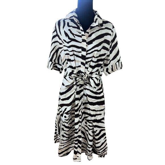 Ralph Lauren Shirt Dress 14 100% Linen Zebra Safari Print Waist Tie 3/4 Sleeve - Picture 2 of 11